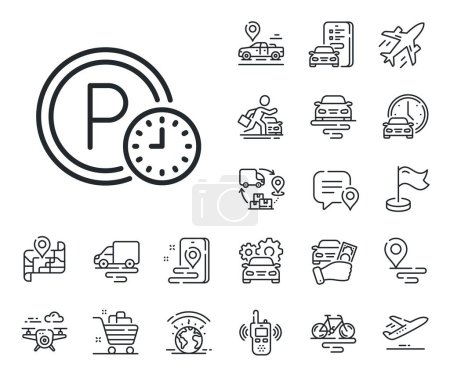 Illustration for Car park clock sign. Plane, supply chain and place location outline icons. Parking time line icon. Transport place symbol. Parking time line sign. Taxi transport, rent a bike icon. Travel map. Vector - Royalty Free Image