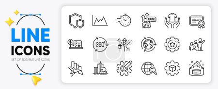 Illustration for Online accounting, Fake internet and Certificate line icons set for app include Timer, Saving electricity, Inspect outline thin icon. Leadership, Outsourcing, Hold t-shirt pictogram icon. Vector - Royalty Free Image