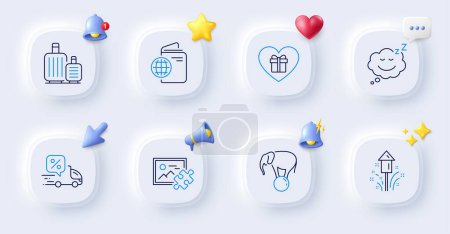 Illustration for Romantic gift, Delivery discount and Travel passport line icons. Buttons with 3d bell, chat speech, cursor. Pack of Puzzle image, Sleep, Baggage icon. Fireworks, Elephant on ball pictogram. Vector - Royalty Free Image