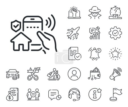 Illustration for Smart home sign. Salaryman, gender equality and alert bell outline icons. House security line icon. Private protection symbol. House security line sign. Spy or profile placeholder icon. Vector - Royalty Free Image