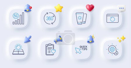 Illustration for Patient history, 5g wifi and Sunscreen line icons. Buttons with 3d bell, chat speech, cursor. Pack of 360 degrees, Quick tips, Sun energy icon. Cogwheel, Recovery internet pictogram. Vector - Royalty Free Image