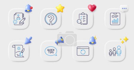 Illustration for Question mark, Recovery internet and Business hierarchy line icons. Buttons with 3d bell, chat speech, cursor. Pack of Report document, Inspect, Quickstart guide icon. Vector - Royalty Free Image