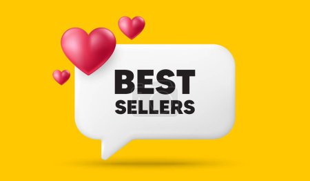 Illustration for Best sellers tag. 3d speech bubble banner with hearts. Special offer price sign. Advertising discounts symbol. Best sellers chat speech message. 3d offer talk box. Vector - Royalty Free Image