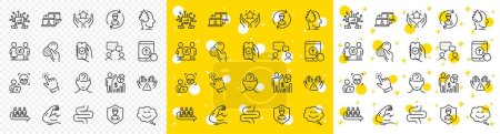 Illustration for Outline People chatting, Teamwork and Cyber attack line icons pack for web with Smile chat, Cursor, Strong arm line icon. Intestine, Security app, Stress pictogram icon. Queue. Vector - Royalty Free Image