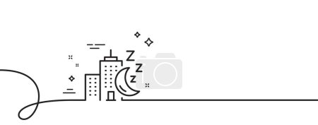 Illustration for Night city line icon. Continuous one line with curl. Skyscraper sleep sign. Building with moon symbol. Night city single outline ribbon. Loop curve pattern. Vector - Royalty Free Image