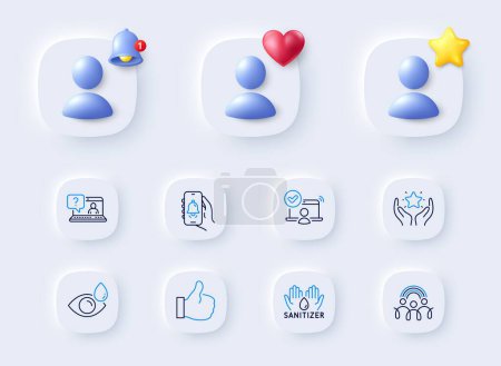 Illustration for Bell alert, Faq and Hand sanitizer line icons. Placeholder with 3d bell, star, heart. Pack of Inclusion, Like, Eye drops icon. Online access, Ranking pictogram. For web app, printing. Vector - Royalty Free Image