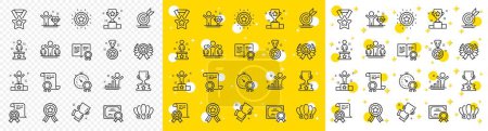 Illustration for Winner cup, goal target, certificate. Success line icons. Reward, medal with ribbon, crown icons. Award, winner podium, first place success. Statue, diploma with certificate, challenge. Vector - Royalty Free Image