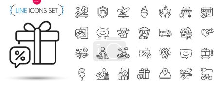 Illustration for Pack of Love message, Popcorn and Honeymoon travel line icons. Include Pin, Discount, Carry-on baggage pictogram icons. Gas grill, Calendar discounts, Travel delay signs. Cancel flight. Vector - Royalty Free Image