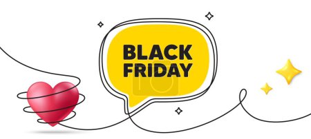 Illustration for Black Friday Sale. Continuous line art banner. Special offer price sign. Advertising Discounts symbol. Black friday speech bubble background. Wrapped 3d heart icon. Vector - Royalty Free Image
