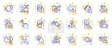 Illustration for Outline set of Wash hands, Work home and Cursor line icons for web app. Include Wallet, Patient, Cyber attack pictogram icons. Like hand, Repairman, Career ladder signs. Circles with 3d stars. Vector - Royalty Free Image