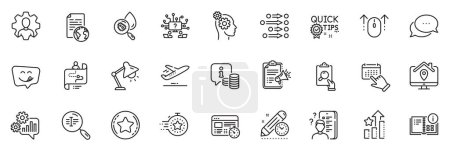 Illustration for Icons pack as Web timer, Dots message and Megaphone checklist line icons for app include Cogwheel, Event click, Survey outline thin icon web set. Work home, Thoughts, Professional pictogram. Vector - Royalty Free Image