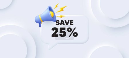 Illustration for Save 25 percent off tag. Neumorphic 3d background with speech bubble. Sale Discount offer price sign. Special offer symbol. Discount speech message. Banner with megaphone. Vector - Royalty Free Image