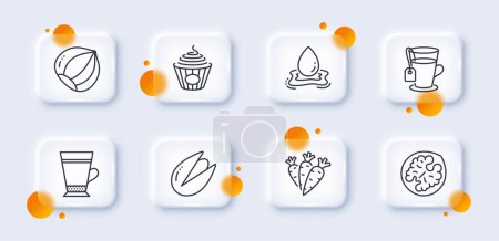 Illustration for Carrots, Hazelnut and Water splash line icons pack. 3d glass buttons with blurred circles. Walnut, Tea, Pasta web icon. Pistachio nut, Latte pictogram. For web app, printing. Vector - Royalty Free Image