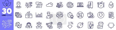 Illustration for Vegetarian food, Business meeting and Coins bag line icons pack. Salary, Donation, Report diagram web icon. E-mail, Cloudy weather, Call center pictogram. Takeaway coffee, Location. Vector - Royalty Free Image
