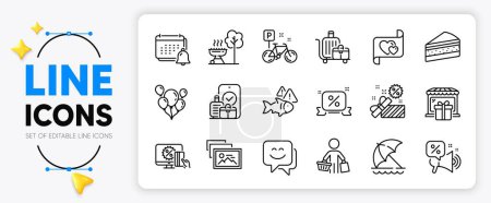 Illustration for Smile face, Carry-on baggage and Discounts ribbon line icons set for app include Bike, Love letter, Baggage cart outline thin icon. Buyer, Online shopping, Fish pictogram icon. Balloons. Vector - Royalty Free Image