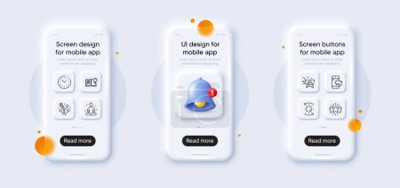 Illustration for Product knowledge, Time management and Incoming call line icons pack. 3d phone mockups with bell alert. Glass smartphone screen. Sun protection, Star, Shopping cart web icon. Vector - Royalty Free Image