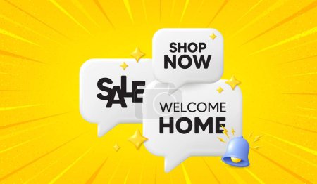 Illustration for Welcome home tag. 3d offer chat speech bubbles. Home invitation offer. Hello guests message. Welcome home speech bubble 3d message. Talk box banner with bell. Vector - Royalty Free Image