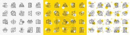 Illustration for Outline Brush, Get box and Lighthouse line icons pack for web with Petrol station, Packing boxes, Open door line icon. Certificate, Door, Engineer pictogram icon. Property agency. Vector - Royalty Free Image