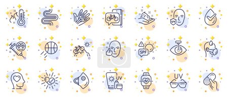 Illustration for Outline set of Mental health, Sunscreen and Medical mask line icons for web app. Include Mountain bike, Capsule pill, Intestine pictogram icons. Cardio training, Sunglasses, Skin care signs. Vector - Royalty Free Image