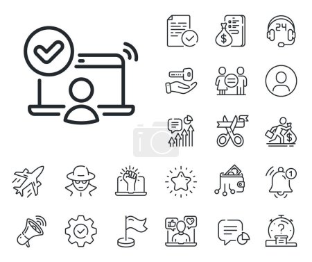 Illustration for Approved notebook sign. Salaryman, gender equality and alert bell outline icons. Confirmed online access line icon. Verified user symbol. Online access line sign. Vector - Royalty Free Image