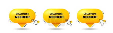 Illustration for Volunteers needed tag. Click here buttons. Volunteering service sign. Charity work symbol. Volunteers needed speech bubble chat message. Talk box infographics. Vector - Royalty Free Image