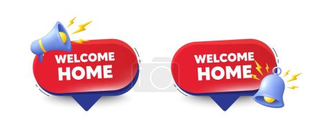 Illustration for Welcome home tag. Speech bubbles with 3d bell, megaphone. Home invitation offer. Hello guests message. Welcome home chat speech message. Red offer talk box. Vector - Royalty Free Image