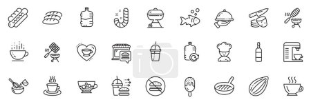 Illustration for Icons pack as Refill water, Cooler bottle and Coffee machine line icons for app include Grill pan, Fish, Hotdog outline thin icon web set. Brandy bottle, Almond nut, Cooking whisk pictogram. Vector - Royalty Free Image