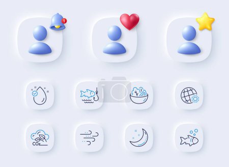 Illustration for Fish, World weather and Co2 gas line icons. Placeholder with 3d bell, star, heart. Pack of Vitamin e, Fishing, Salad icon. Moon stars, Windy weather pictogram. For web app, printing. Vector - Royalty Free Image