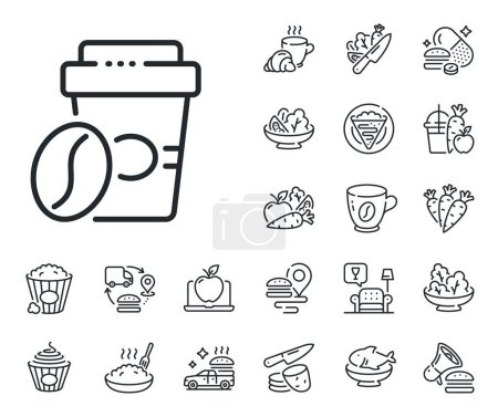 Illustration for Hot latte sign. Crepe, sweet popcorn and salad outline icons. Takeaway coffee line icon. Tea drink mug symbol. Takeaway coffee line sign. Pasta spaghetti, fresh juice icon. Supply chain. Vector - Royalty Free Image