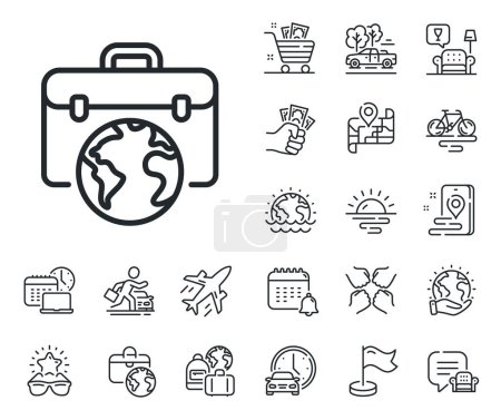 Illustration for Businessman case sign. Plane jet, travel map and baggage claim outline icons. Global business line icon. Internet marketing symbol. Businessman case line sign. Car rental, taxi transport icon. Vector - Royalty Free Image
