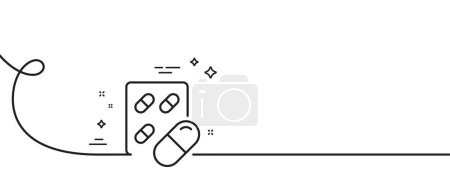 Illustration for Capsule pill line icon. Continuous one line with curl. Medical drugs sign. Pharmacy medication symbol. Capsule pill single outline ribbon. Loop curve pattern. Vector - Royalty Free Image