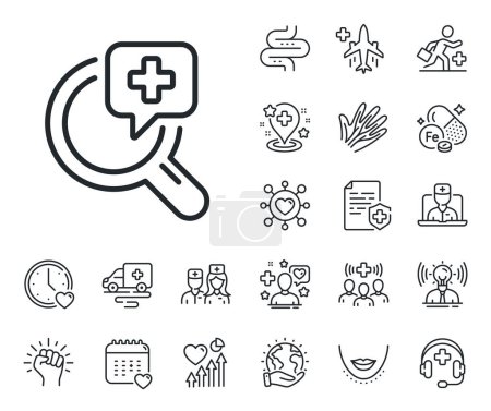 Illustration for Medicine help sign. Online doctor, patient and medicine outline icons. Medical analyzes line icon. Pharmacy medication symbol. Medical analyzes line sign. Vector - Royalty Free Image