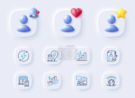 Illustration for Rise price, Consumption growth and Inventory report line icons. Placeholder with 3d bell, star, heart. Pack of Algorithm, Greenhouse, Charging station icon. Vector - Royalty Free Image