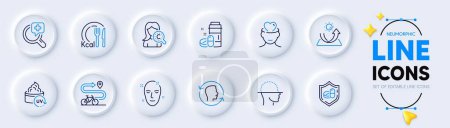 Illustration for Calories, Mental health and Medical analyzes line icons for web app. Pack of Face scanning, Collagen skin, Medical drugs pictogram icons. Bike path, Face id, Uv protection signs. Vector - Royalty Free Image