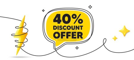 Illustration for 40 percent discount tag. Continuous line art banner. Sale offer price sign. Special offer symbol. Discount speech bubble background. Wrapped 3d energy icon. Vector - Royalty Free Image