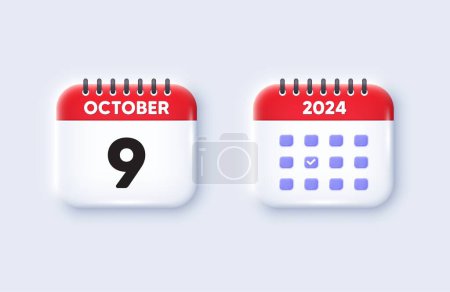Illustration for Calendar date 3d icon. 9th day of the month icon. Event schedule date. Meeting appointment time. 9th day of October month. Calendar event reminder date. Vector - Royalty Free Image