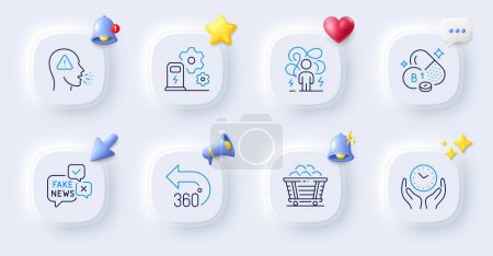 Illustration for Coal trolley, Thiamine vitamin and Charging station line icons. Buttons with 3d bell, chat speech, cursor. Pack of Safe time, 360 degrees, Fake news icon. Cough, Difficult stress pictogram. Vector - Royalty Free Image