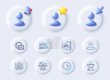 Illustration for Web photo, Boat and Pin line icons. Placeholder with 3d cursor, bell, star. Pack of Marketplace, Bike app, Ship travel icon. Grill, Puzzle time pictogram. For web app, printing. Vector - Royalty Free Image