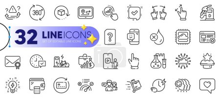 Illustration for Outline set of Winner podium, Move gesture and No waterproof line icons for web with Correct answer, Wallet, Graph chart thin icon. Inspiration, People talking, 360 degrees pictogram icon. Vector - Royalty Free Image