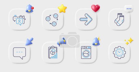 Illustration for Blog, Report and Socks line icons. Buttons with 3d bell, chat speech, cursor. Pack of Work home, Washing machine, Friends community icon. Time management, Next pictogram. For web app, printing. Vector - Royalty Free Image