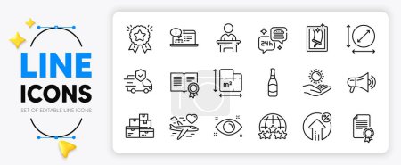 Illustration for Megaphone, Rating stars and Diploma line icons set for app include Ranking star, Circle area, Honeymoon travel outline thin icon. Sun protection, Online documentation. Vector - Royalty Free Image