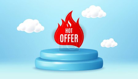 Illustration for Hot offer banner. Winner podium 3d base. Product offer pedestal. Discount sticker shape. Coupon tag icon. Hot offer promotion message. Background with 3d clouds. Vector - Royalty Free Image