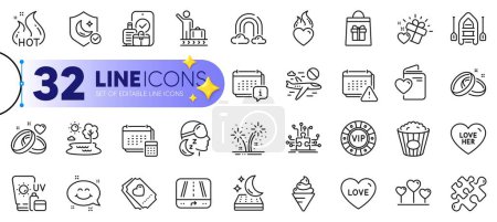 Illustration for Outline set of Luggage belt, Gps and Mattress line icons for web with Insomnia, Love heart, Popcorn thin icon. Calendar, Smile chat, Wedding rings pictogram icon. Sunscreen, Guard. Vector - Royalty Free Image