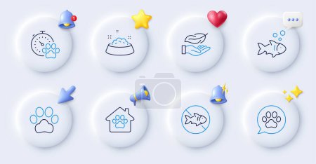 Illustration for Dog paw, Stop fishing and Pets care line icons. Buttons with 3d bell, chat speech, cursor. Pack of Pet shelter, Fish, Lightweight icon. Dog competition pictogram. For web app, printing. Vector - Royalty Free Image