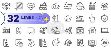 Illustration for Outline set of Online chemistry, Square area and Bicycle parking line icons for web with Pet tags, Photo thumbnail, Video conference thin icon. Business statistics, Music making. Vector - Royalty Free Image