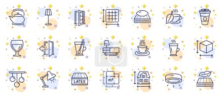 Illustration for Outline set of Mint tea, Lightweight mattress and Entrance line icons for web app. Include Latex mattress, Floor plan, Takeaway coffee pictogram icons. House dimension, Latte. Vector - Royalty Free Image