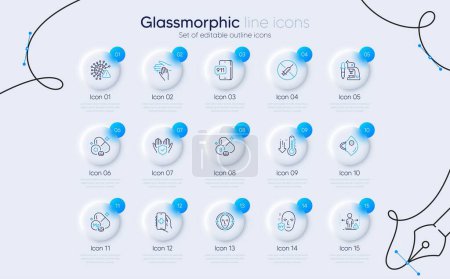 Illustration for Set of Chlorine mineral, Low thermometer and Health app line icons for web app. Emergency call, Medical mask, Magnesium mineral icons. Volunteer, Face detect, Niacin vitamin signs. Vector - Royalty Free Image