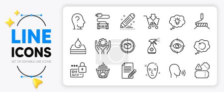 Illustration for Paint roller, Waterproof and Brand contract line icons set for app include Recovery data, Health skin, Human sing outline thin icon. Eye target, Medical cleaning, Car charge pictogram icon. Vector - Royalty Free Image