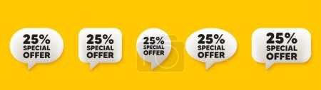 Illustration for 25 percent discount offer tag. 3d chat speech bubbles set. Sale price promo sign. Special offer symbol. Discount talk speech message. Talk box infographics. Vector - Royalty Free Image