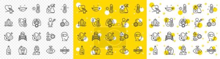 Illustration for Outline Weariness, Alcohol free and Vaccine protection line icons pack for web with Coronavirus pills, Fever, People vaccination line icon. Thermometer, Coronavirus lungs. Vector - Royalty Free Image